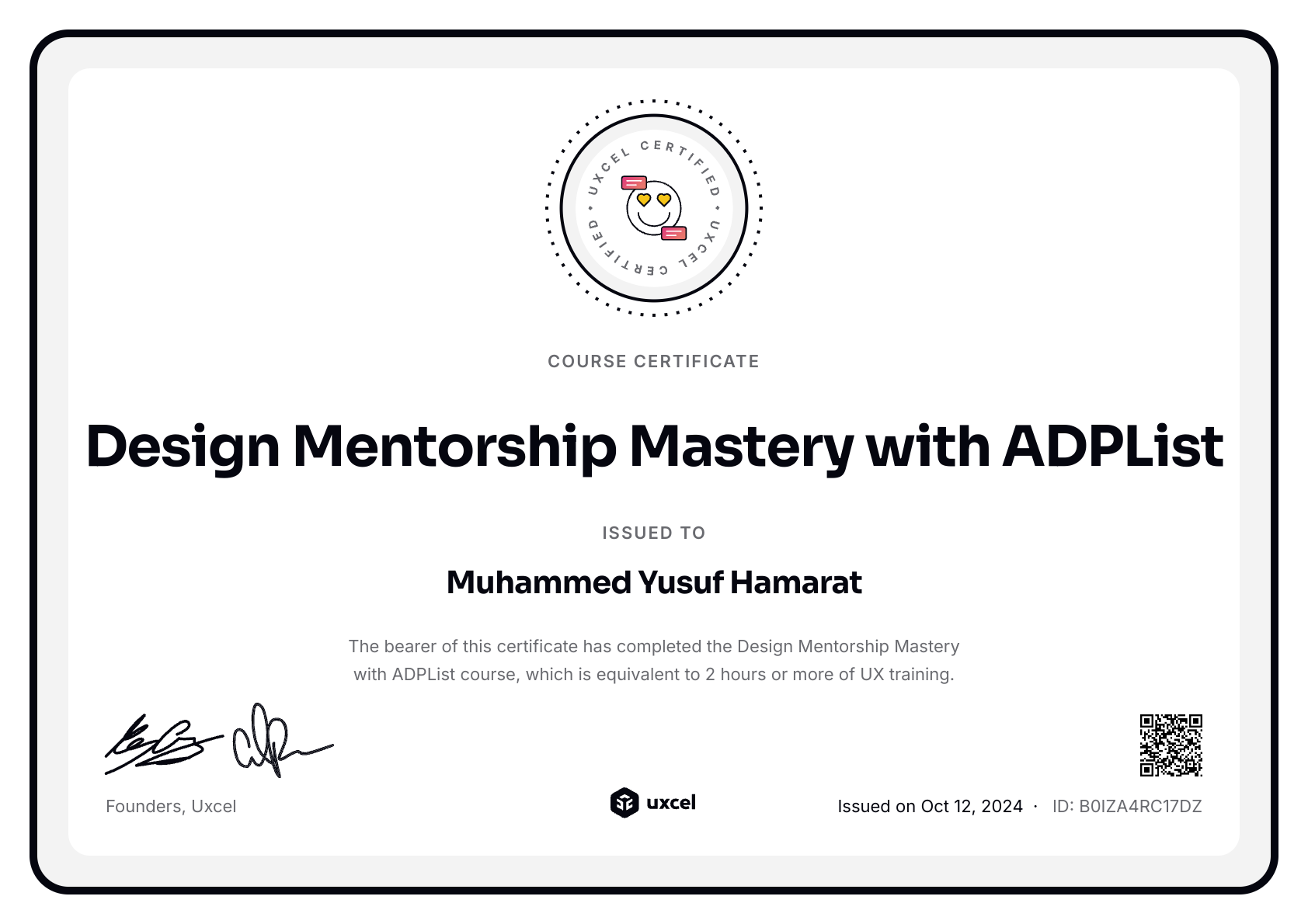 Muhammed Yusuf Hamarat's certificate